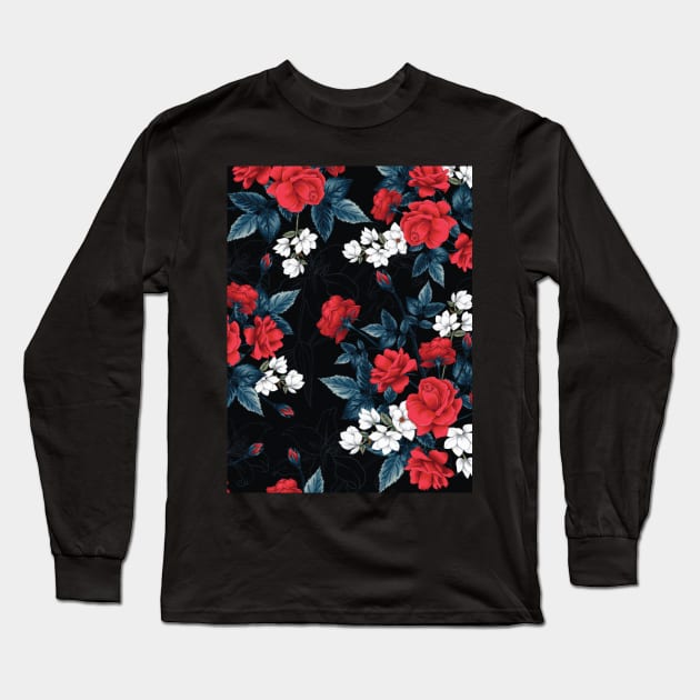 Red rose flowers pattern Long Sleeve T-Shirt by Fashion Apparels